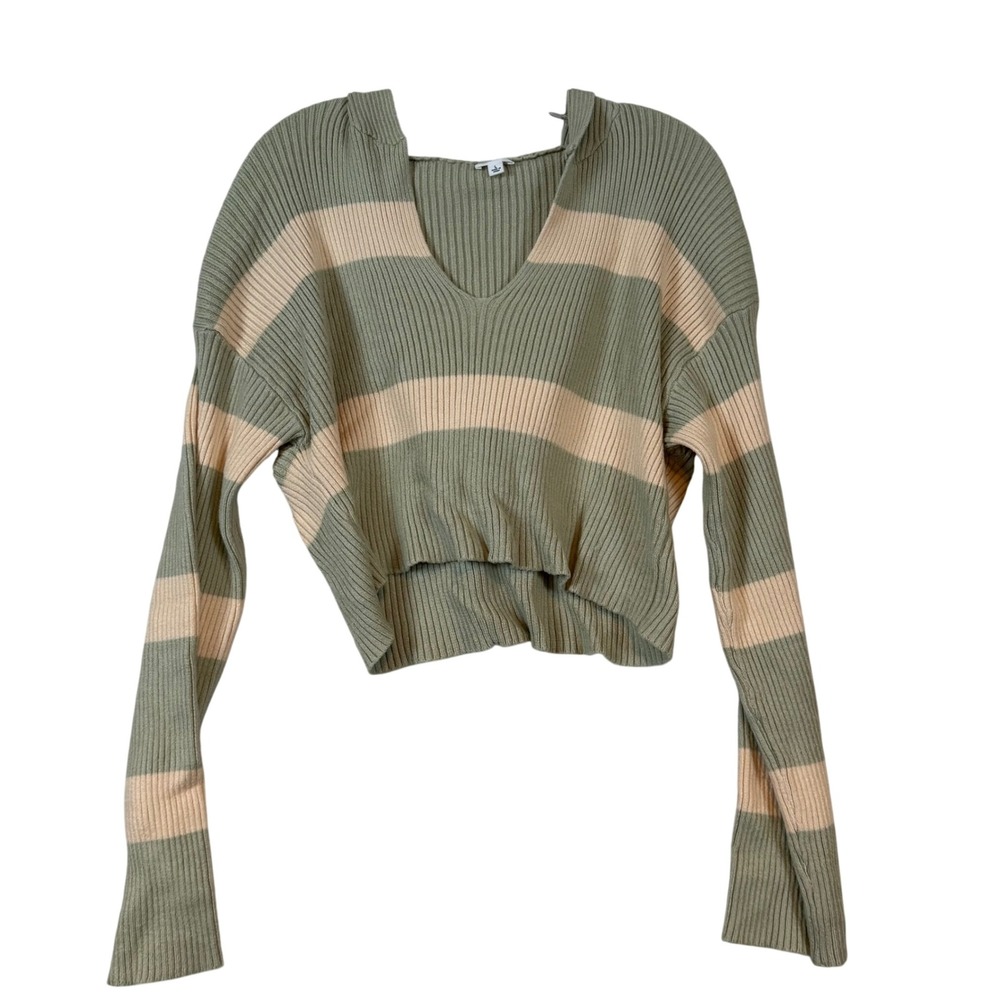 Le Lis Collection Sage Green Striped Ribbed Hooded V-Neck Sweater •L• Layering